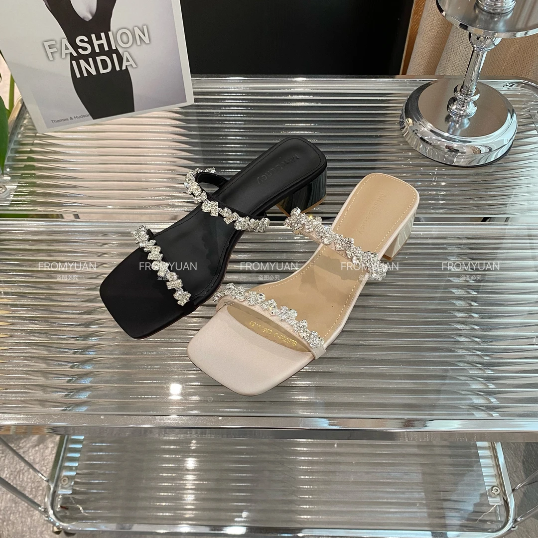 【4cm跟】F333-3粗跟方头水钻一字拖气质凉拖鞋女鞋细跟外穿凉鞋