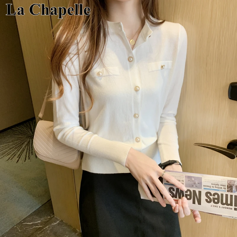 拉夏贝尔新款韩版chic单排扣开衫女装秋季百搭时尚针织衫上衣女