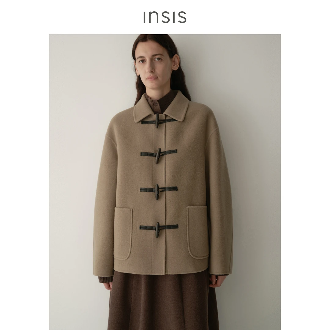 【王雪糕专属】INSIS FEMME羊毛羊绒简约真皮撞色牛角扣学院风外套