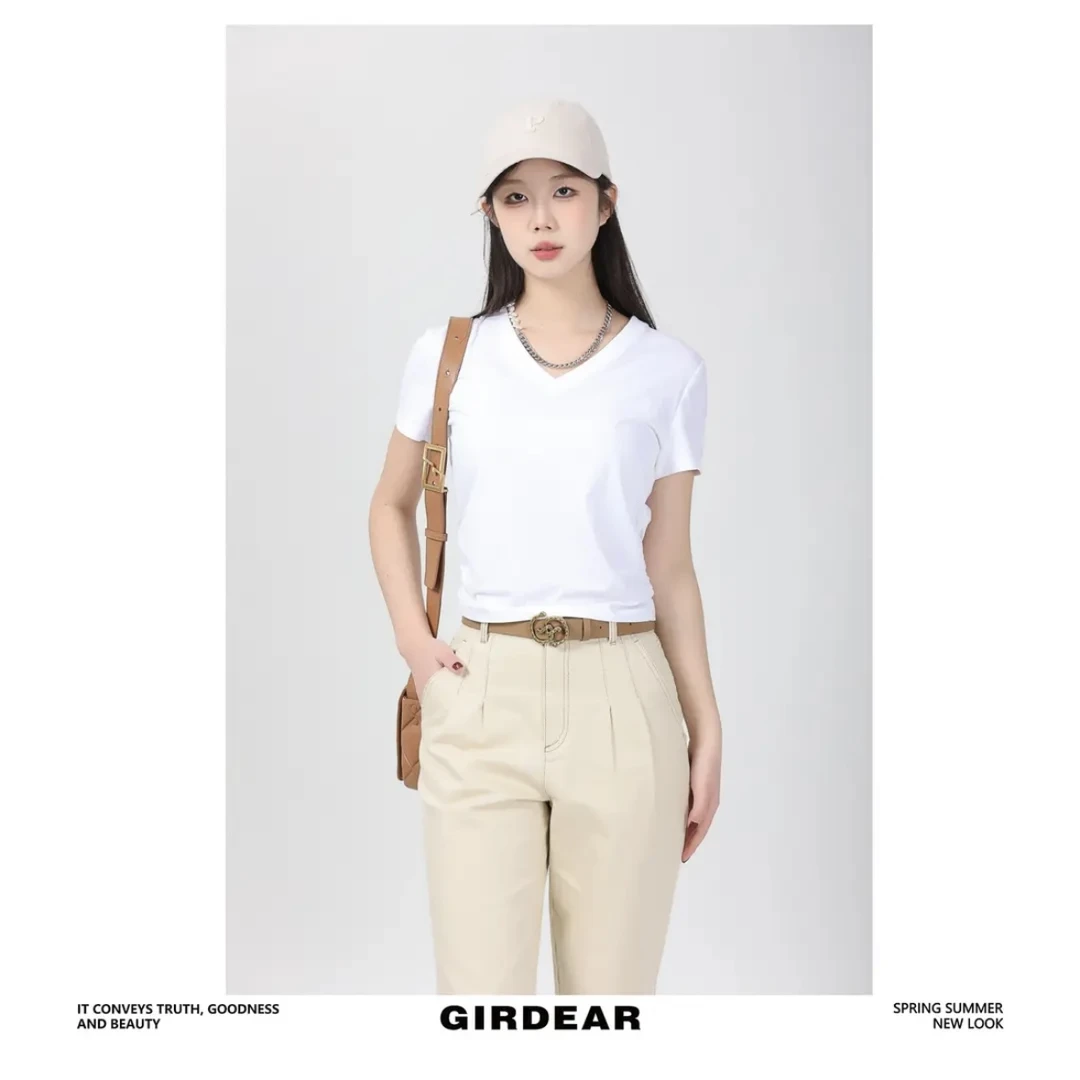 GIRDEAR/哥弟时尚百搭休闲冰丝V领短袖T恤1300888夏季穿搭
