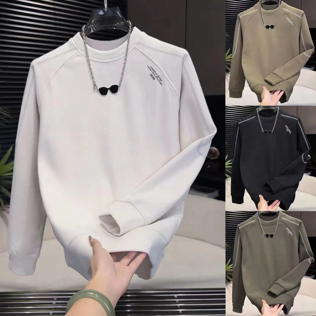 冬季男士百搭拼接明线加厚云朵绒圆领卫衣6663