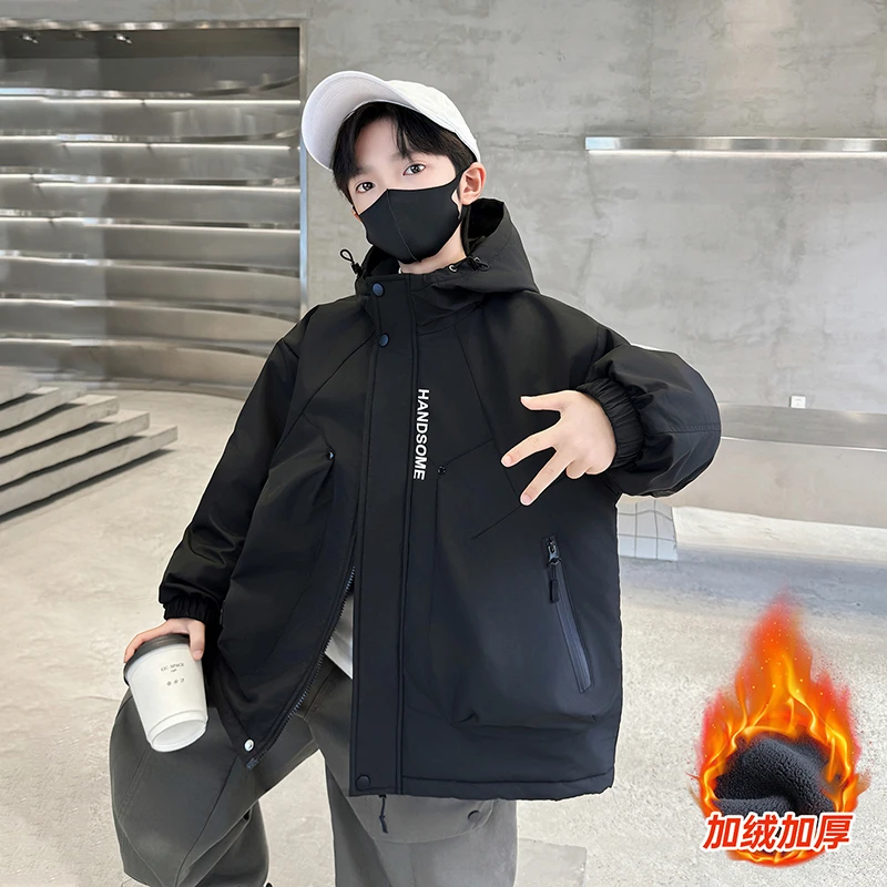 男童外套秋冬款2025新款中大童加绒加厚连帽上衣儿童冬季派克服潮