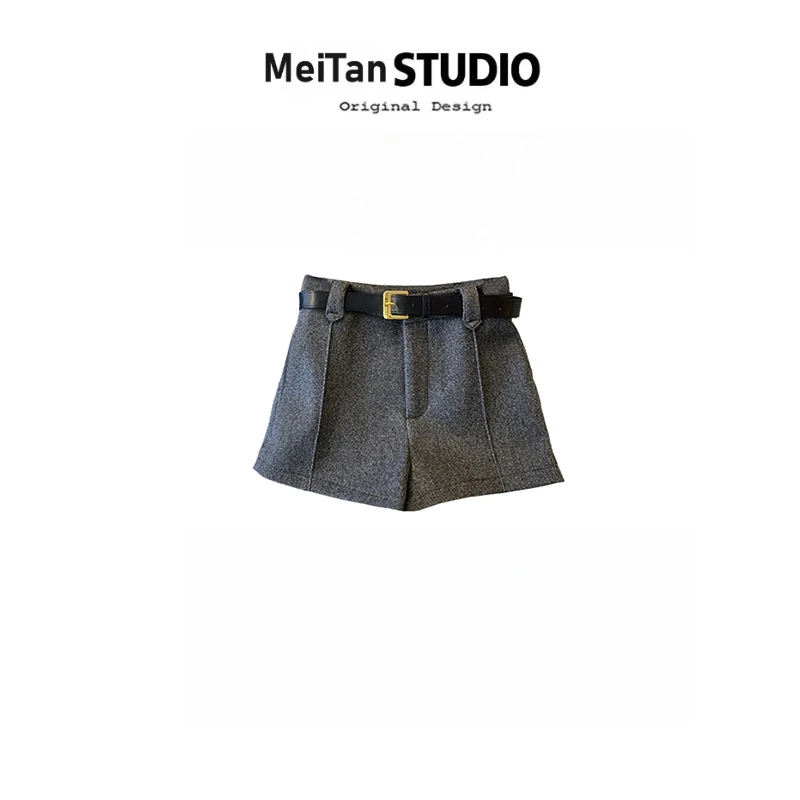 固质送腰带老钱风灰色毛呢短裤女2025秋冬高腰显瘦a字阔腿裤靴裤