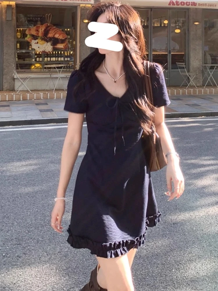 韩系温柔蝴蝶结连衣裙夏女2025新款收腰v领茶歇裙夏日绝美小裙子