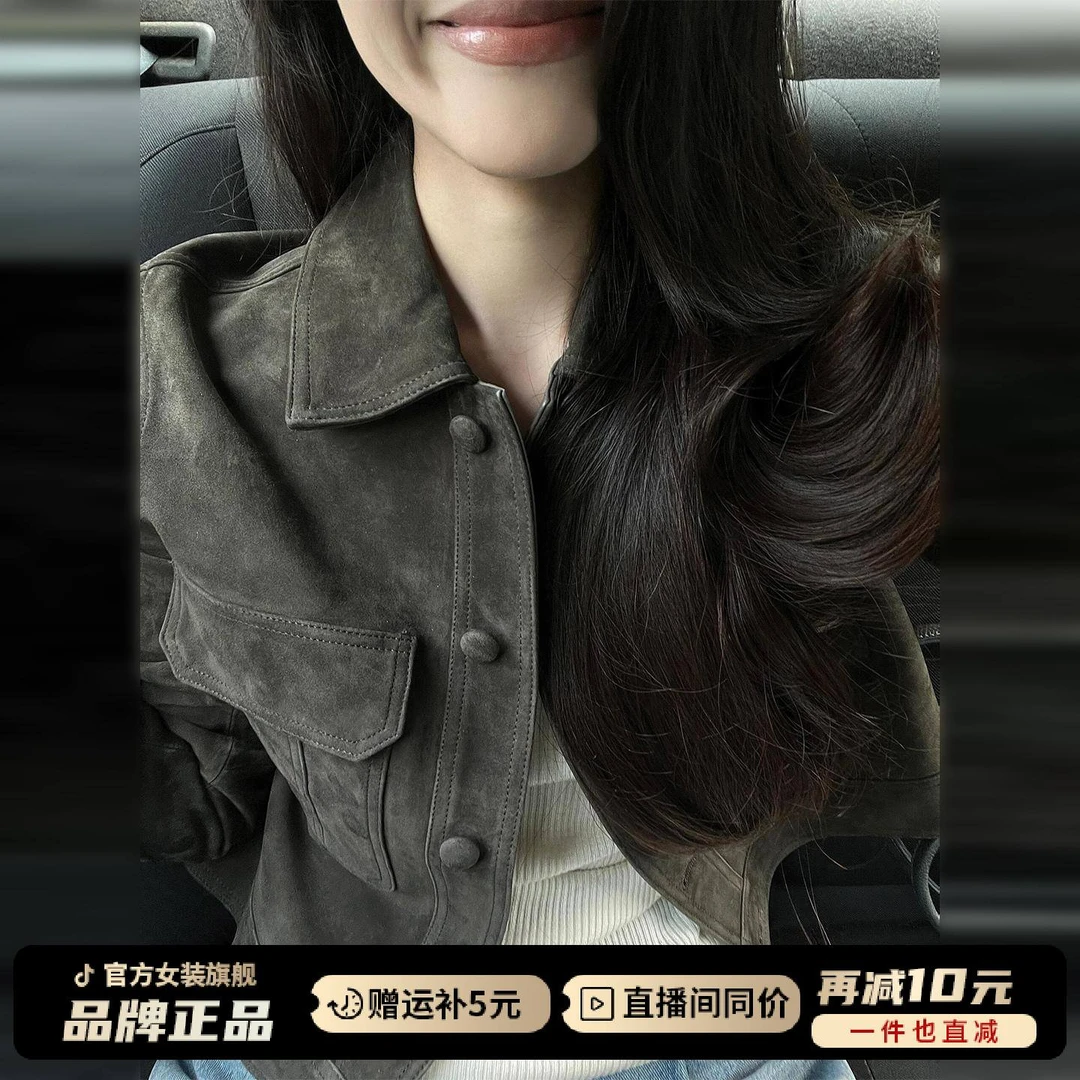 韩系早秋穿搭巨好看的高级感麂皮绒polo领皮衣夹克短外套女小个子