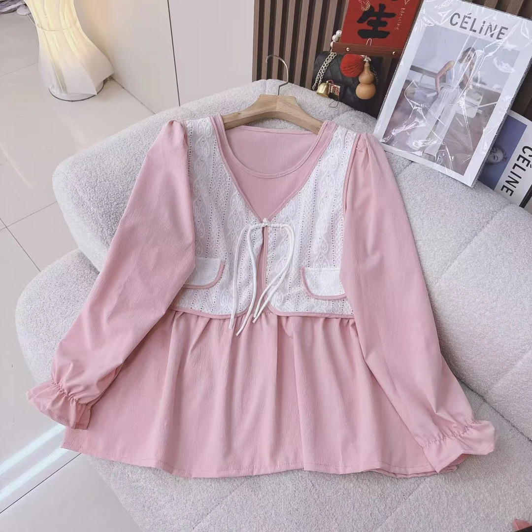 2025春秋大码胖mm显瘦遮肚小衫上衣女法式假两件拼接甜美长袖衬衫