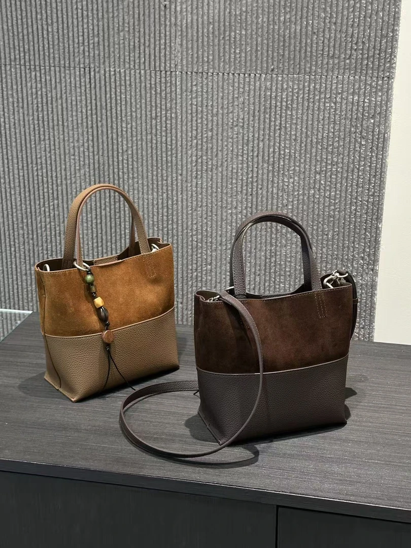 方形牛皮手提包磨砂复古斜挎包休闲风小众包包时尚水桶包轻奢百搭