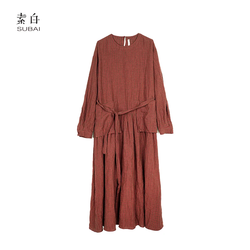 素白【格林童话】春季亚麻色织格复古长裙连衣裙 SB2408LQ00304