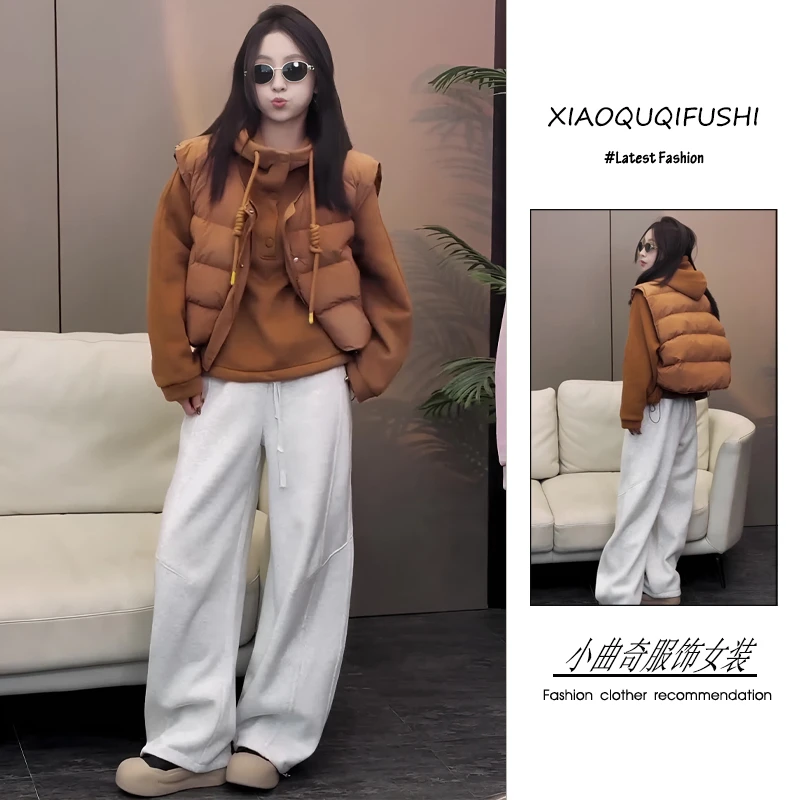 今年流行穿搭2025秋冬新款慵懒风宽松洋气咖色马甲卫衣卫裤三件套