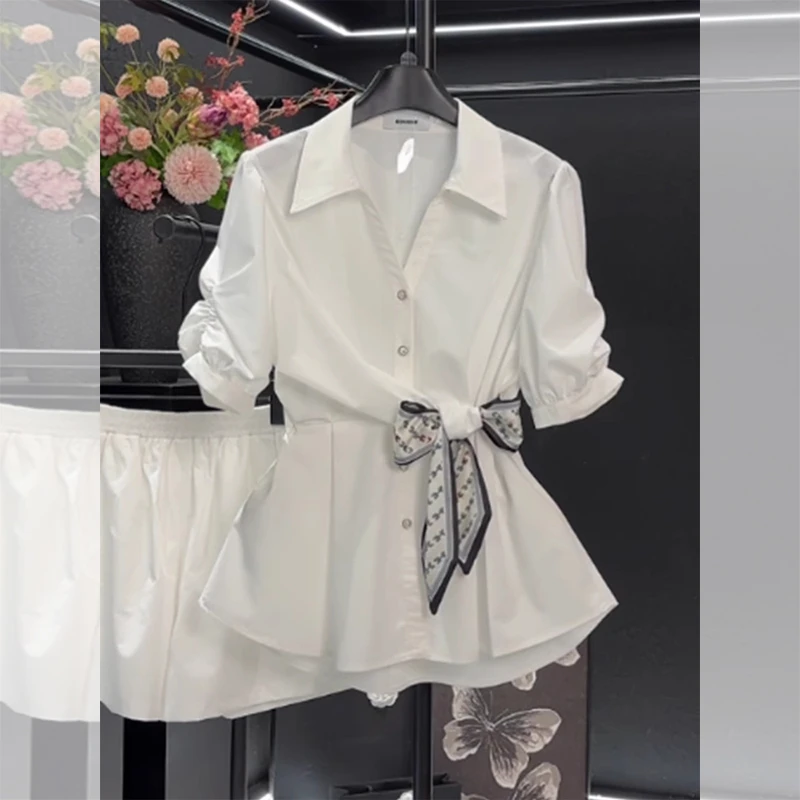 高级感白色P010领短袖衬衫女2025年夏季设计感独特收腰泡泡袖衬衣