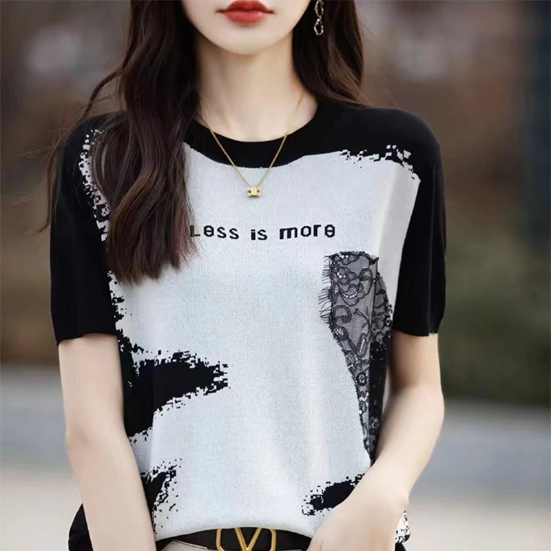 莱赛尔天丝~圆领水墨画针织短袖女亲肤细腻简约百搭打底衫 1067