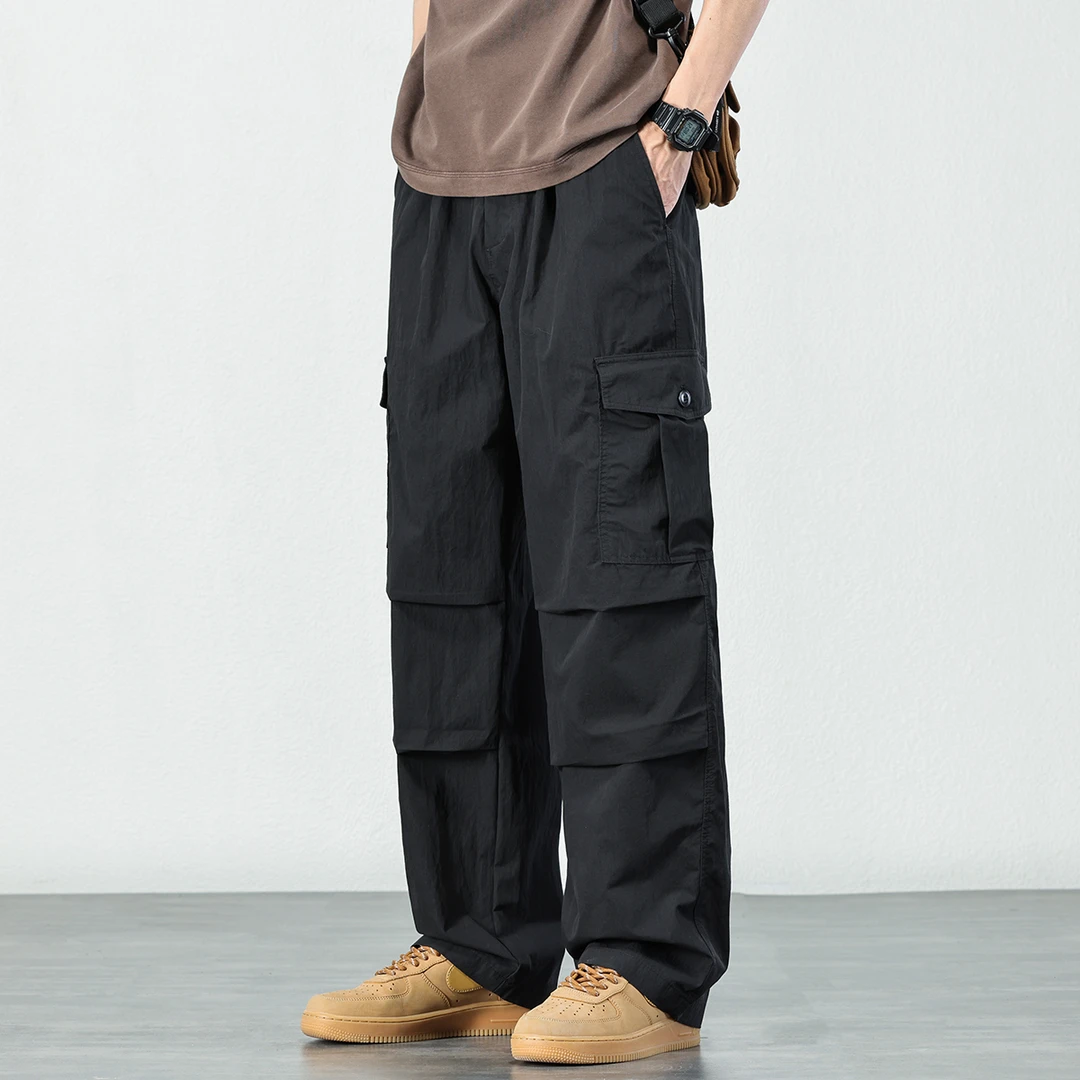 2025夏季户外冰丝速干工装裤男士潮流直筒长裤宽松黑色休闲裤子男