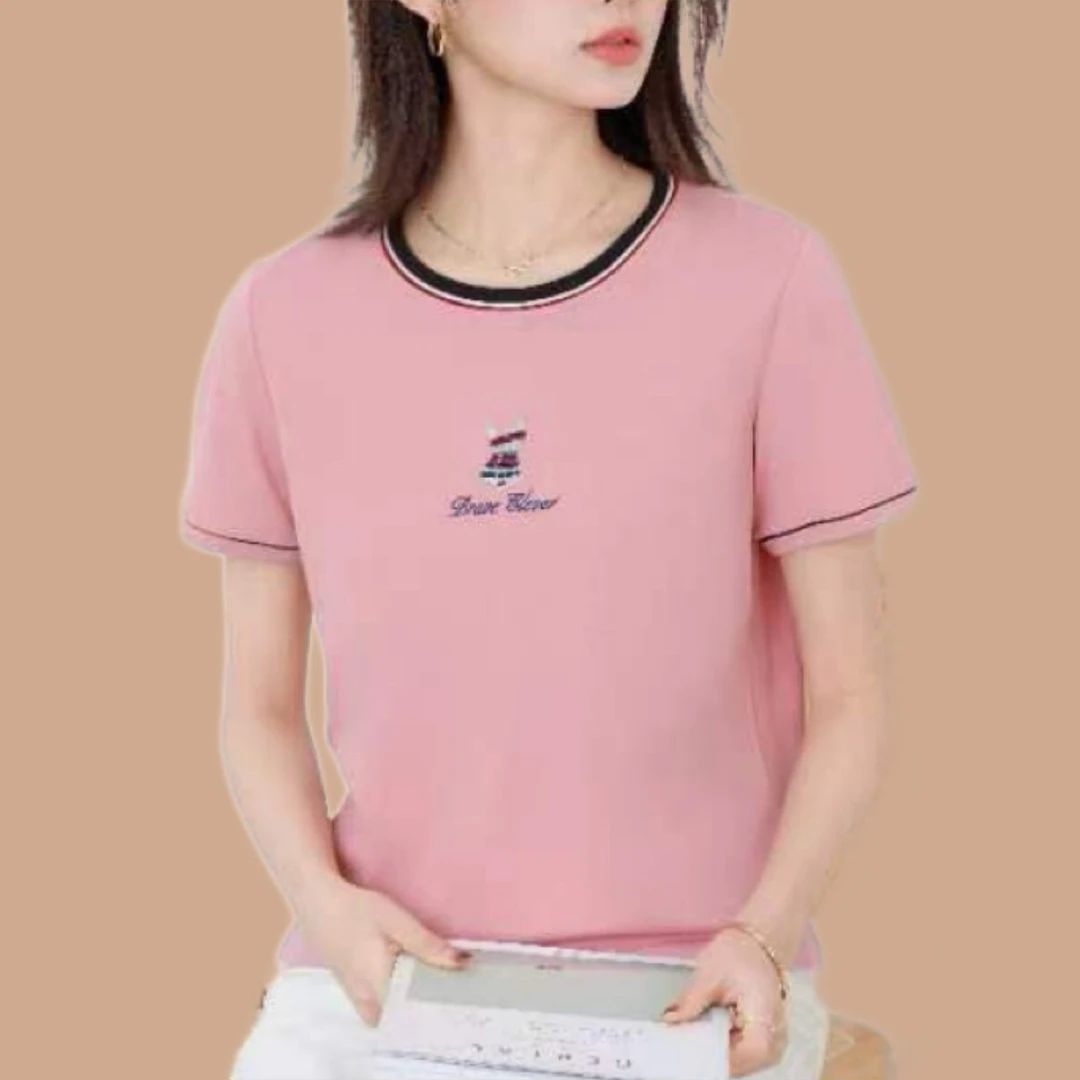 8238#撞色刺绣显瘦时尚百搭短袖圆领宽松夏季休闲大码透气T桖半袖