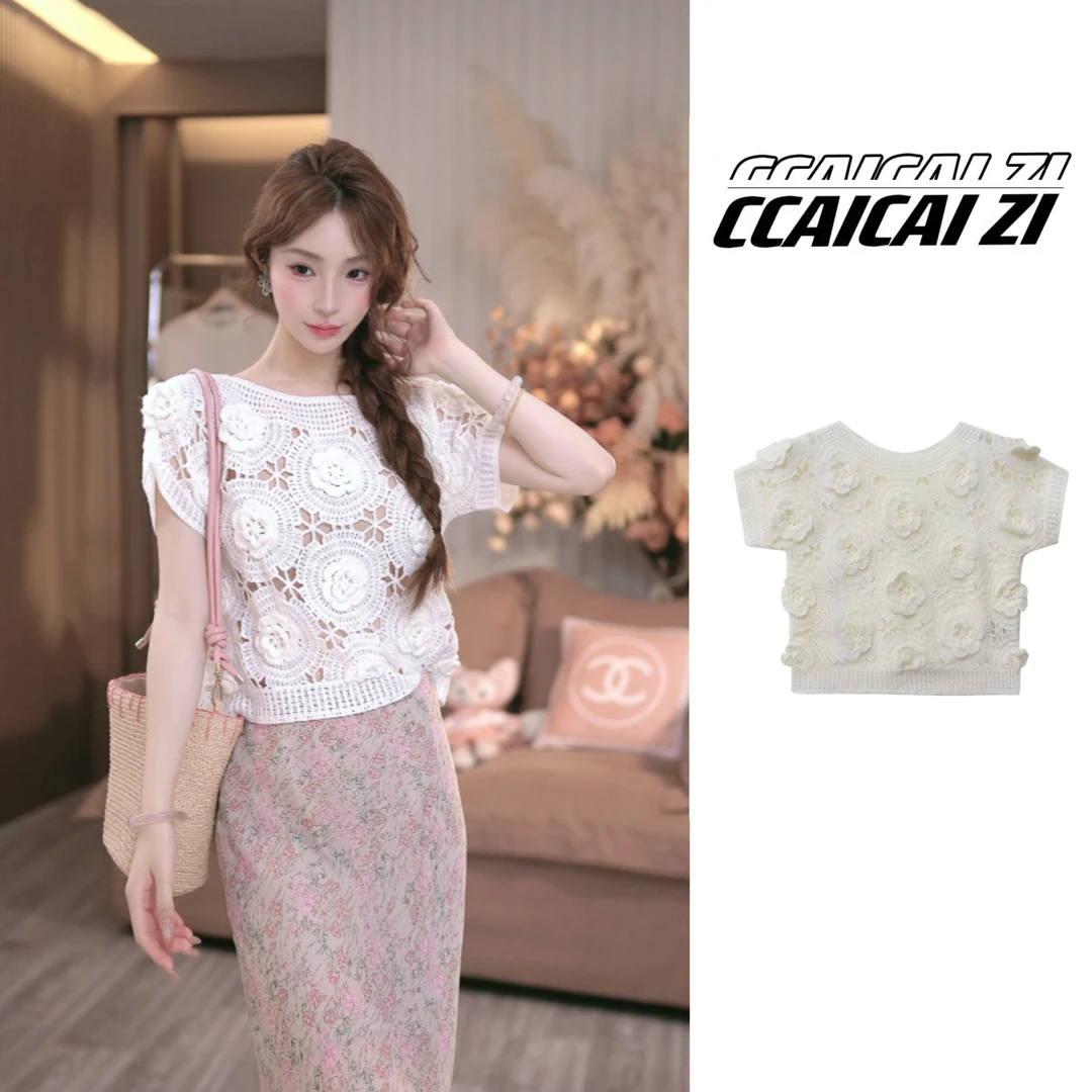 CCA233【白巧恋人】镂空钩花短袖针织上衣