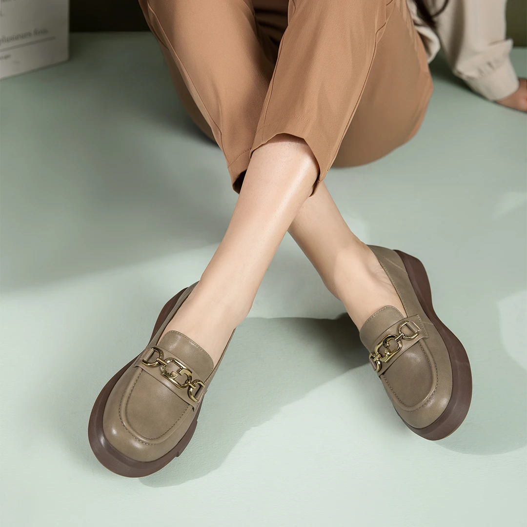 沙驰 牛皮轻软乐福鞋简约复古小皮鞋一脚蹬休闲单鞋