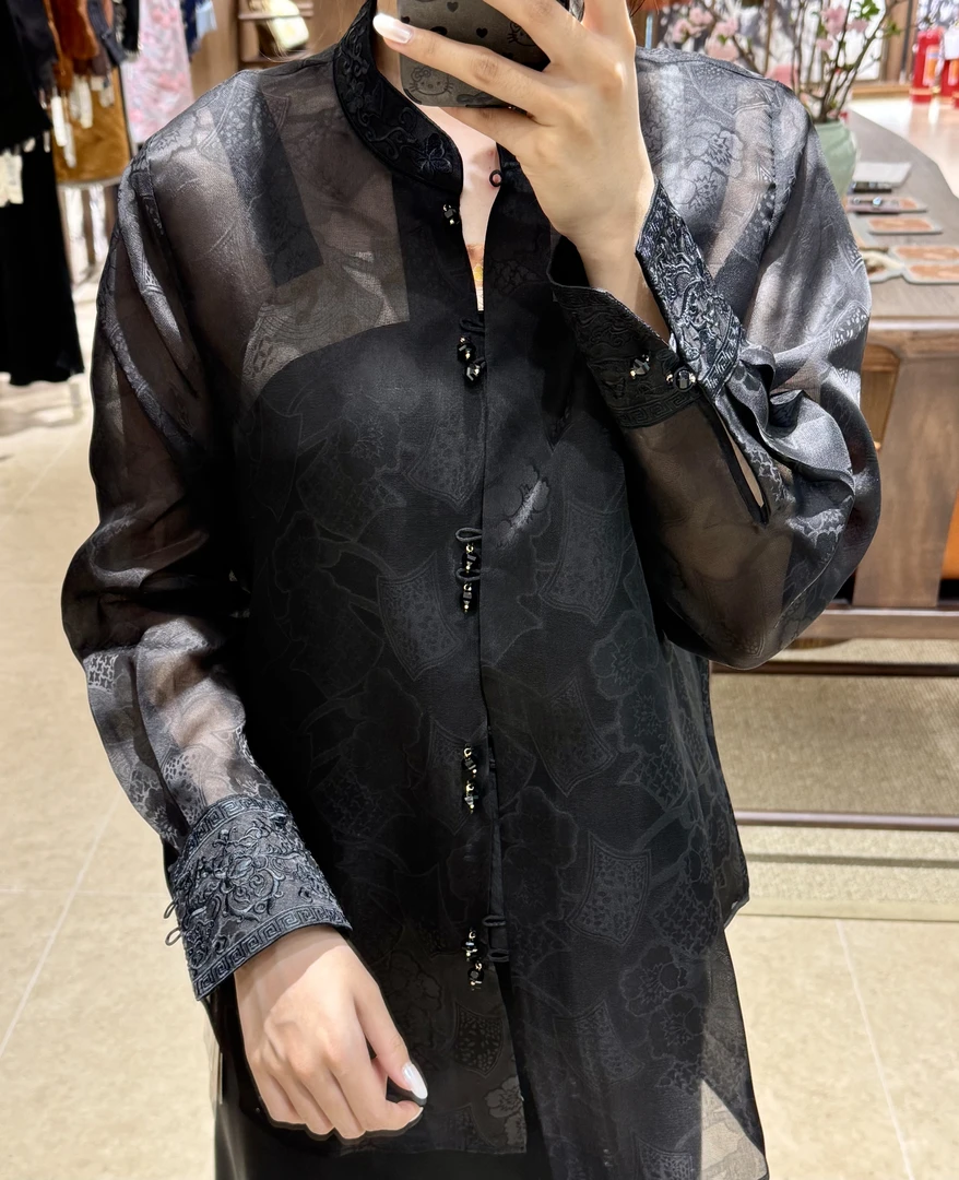 娜姐-桑蚕丝欧根纱高级刺绣衬衣防晒外套春夏新款