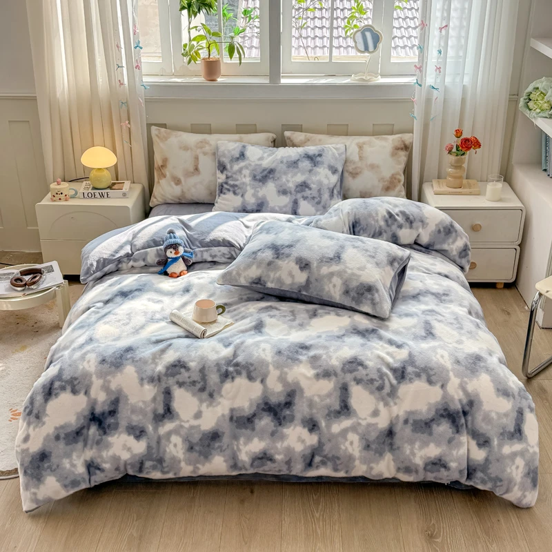 【晴美】加厚晕染仿雪貂绒四件套-蓝灰