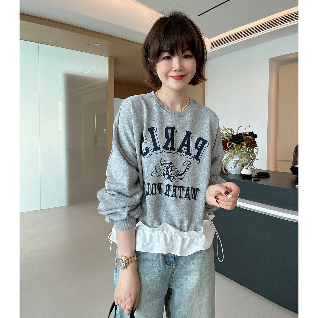 春季韩系拼接木耳边抽绳收腰休闲字母卫衣