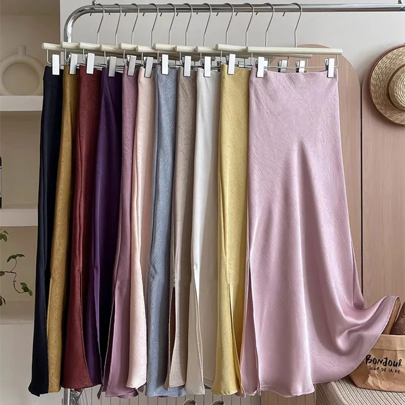 法式褶皱肌理侧开叉醋酸冰天丝缎面鱼尾半身裙女夏垂感包臀a字裙