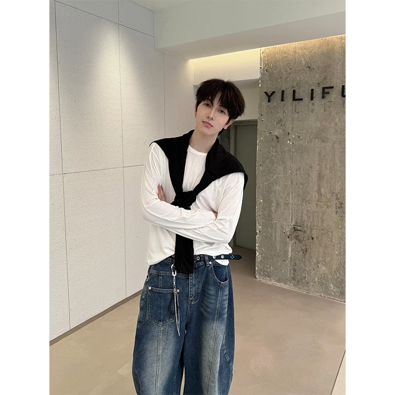 pop男装 6016  新款长袖t恤薄款设计打底衫慵懒宽松百搭