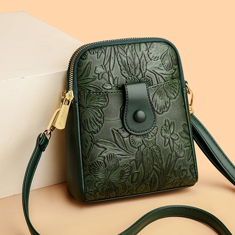 复古雕花单肩竖式拉链真皮手机包斜挎休闲女士韩版妈妈包百搭