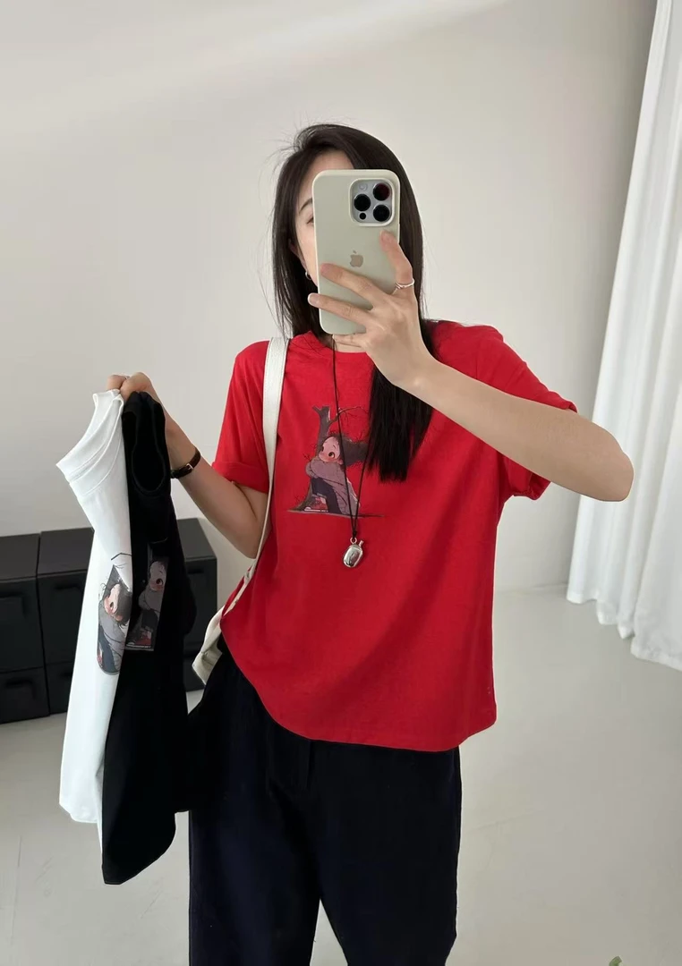 原单卡通女孩百搭宽松圆领短袖T