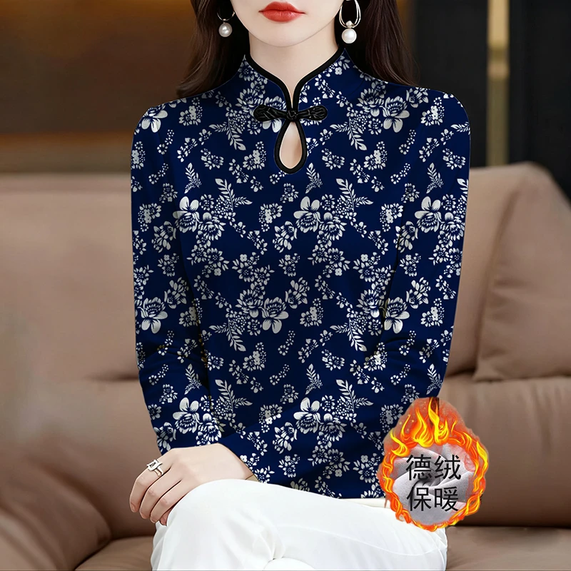 秋冬德绒保暖长袖上衣女士民族风印花立领修身显瘦减龄打底衫t恤