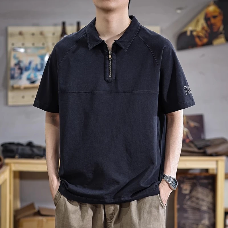 MR.MUDI/穆迪先生夏季重磅纯棉半拉链短袖男刺绣插肩袖保罗衫半截