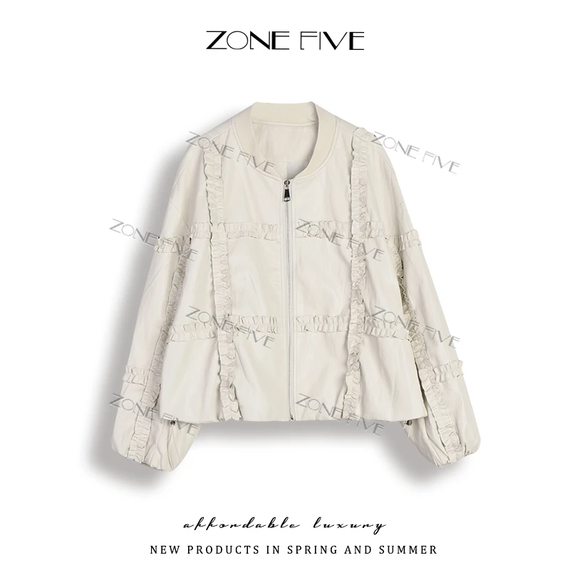 【zonefive】2025韩系木耳边拼接潮宽松休闲皮夹克上衣外套