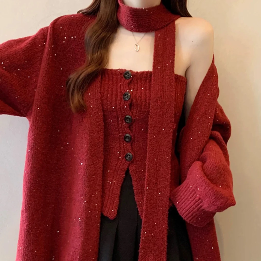 【19-29】复古时尚毛衣开衫搭配抹胸牛仔裤套装女春秋冬款