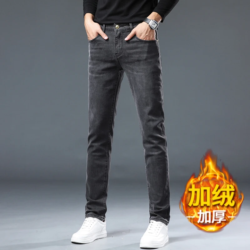 加绒加厚保暖锁温冬季欧版修身裤子男士百搭直筒弹力牛仔裤男款