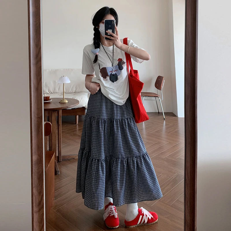 韩系复古格子半身裙女夏季薄款宽松A字中长款伞裙格纹显瘦蛋糕裙