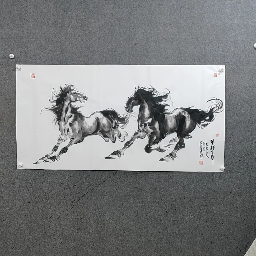 国画名***起水墨写意马图双骏