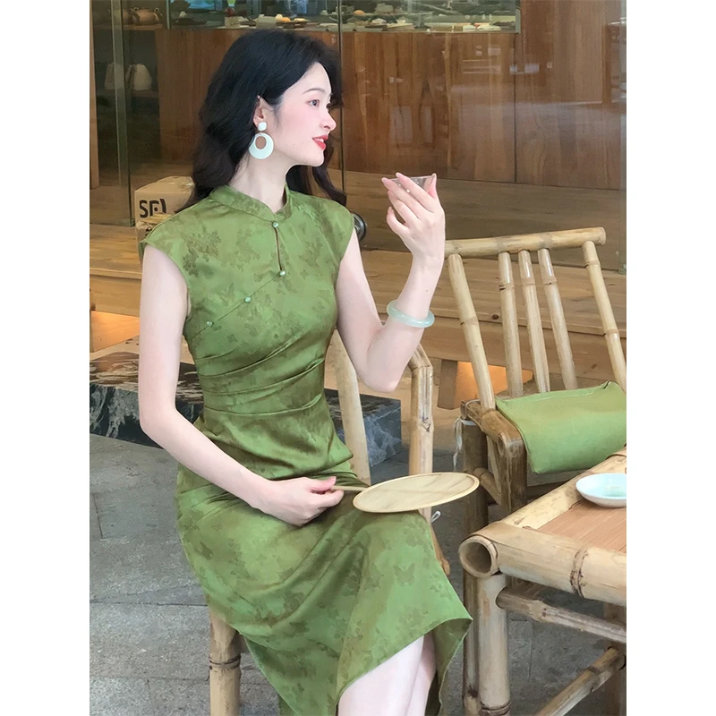 年中大促【生菜包】南溯集小个子新中式显白绿色国风旗袍打褶连衣裙