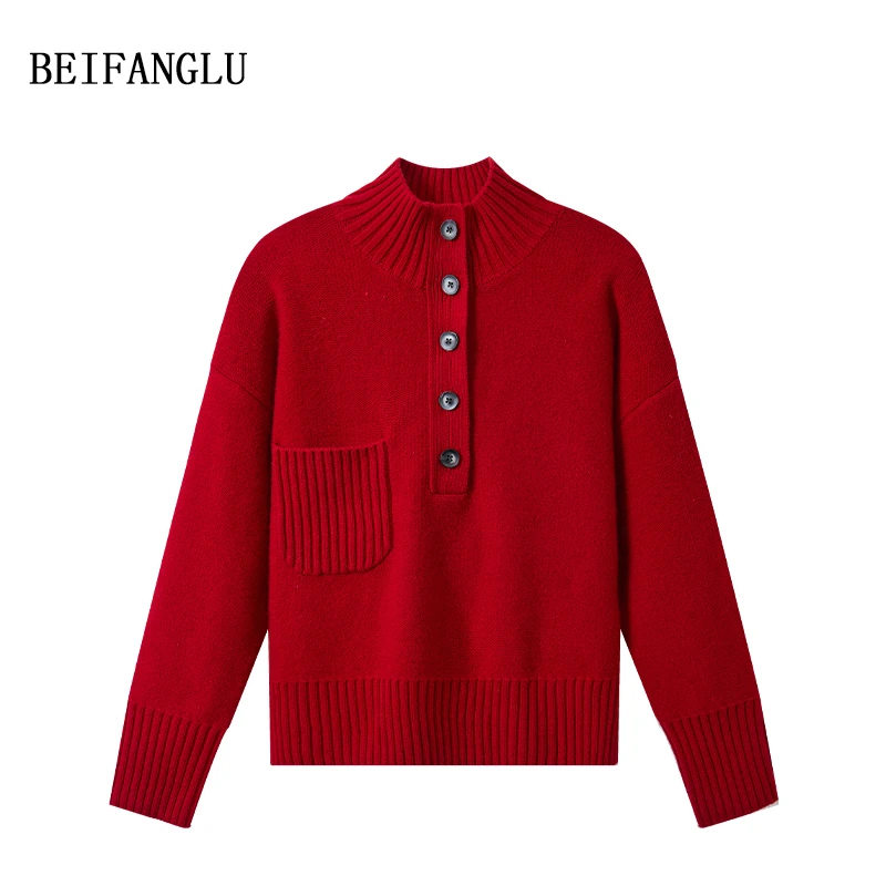 北方鹿【100%绵羊毛】气质半开襟加厚氛围新年红套头针织毛衣251511