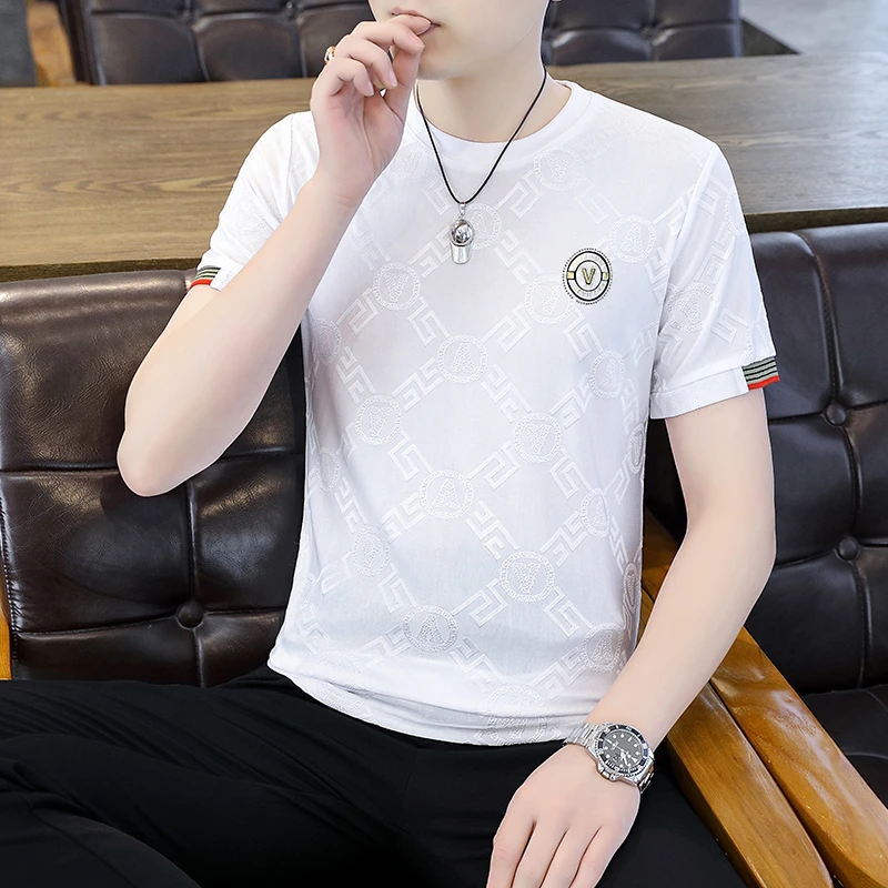 短袖男士字母上衣夏装半袖青年t恤夏季宽松休闲T恤薄款提花男体恤