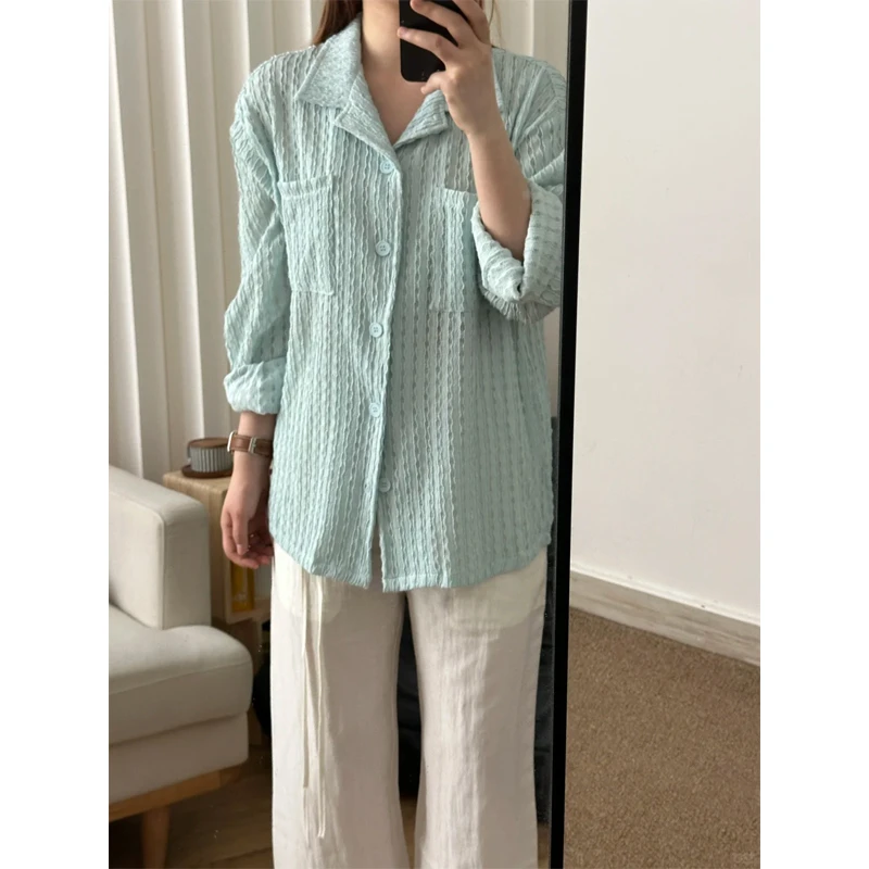 古巴领镂空针织条纹防晒衬衫男女夏季情侣装休闲宽松长袖上衣外套