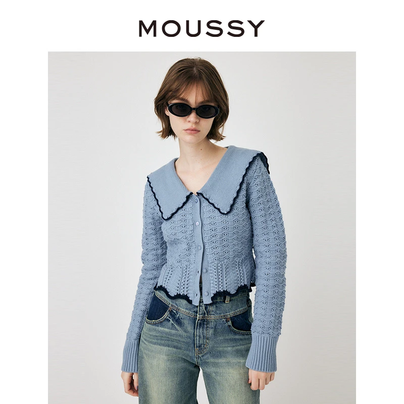 MOUSSY 2024早秋温柔学院风海军领花边针织开衫010HS270-0410