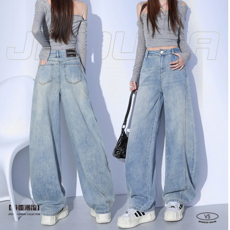 2025春季新款复古休闲弯刀牛仔裤女春新分割宽松阔腿香蕉奶奶裤