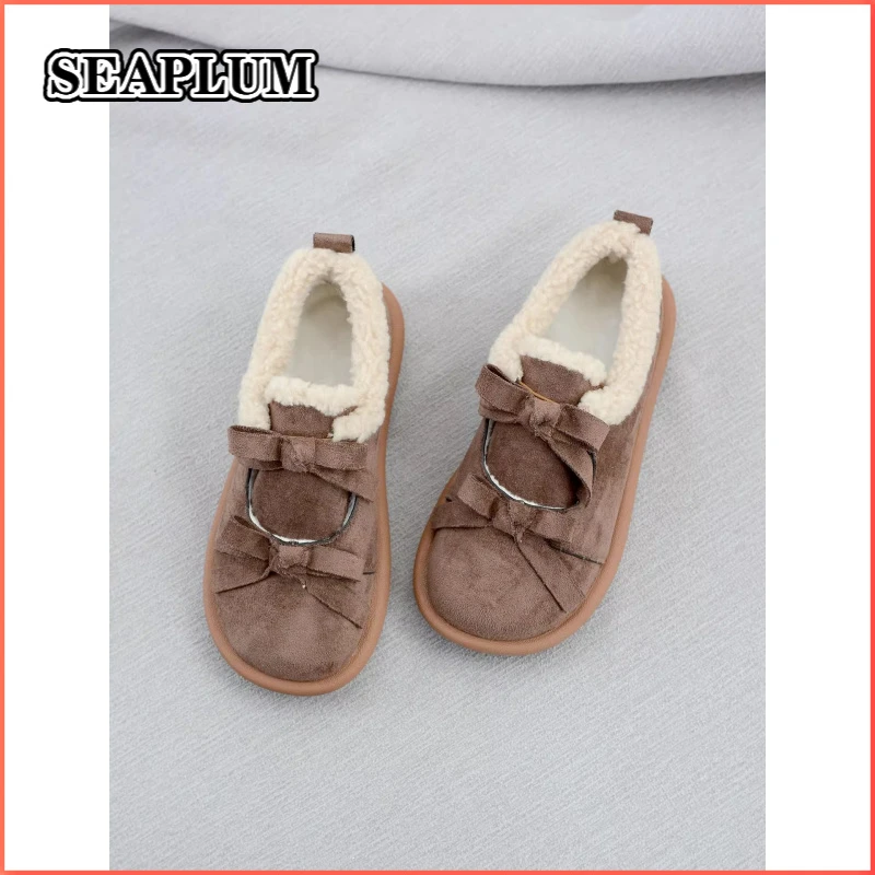 SEAPLUM2025新款冬季雪地靴女平底休闲单鞋软底圆头豆豆鞋女鞋毛