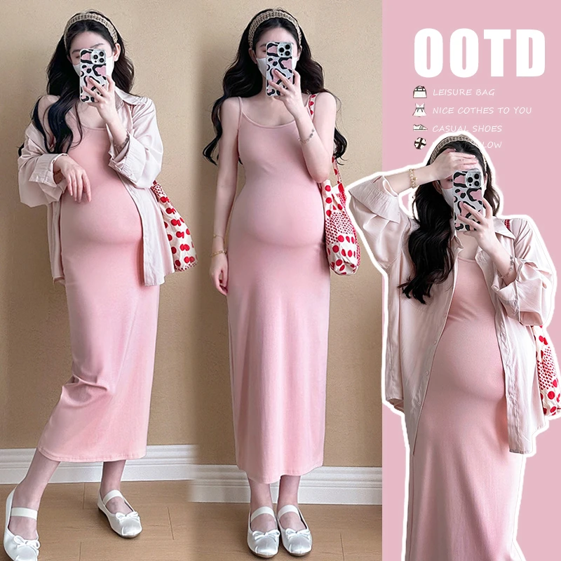 XIAOBU~辣妈孕妇装法式粉色吊带裙夏季新款气质修身包臀长裙套装