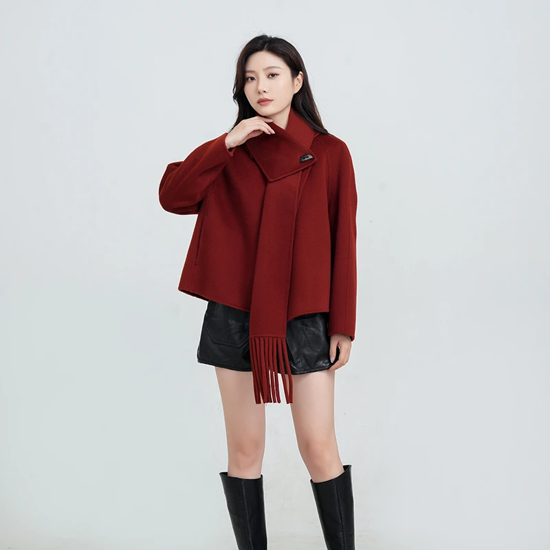 羊毛气质款女士秋冬羊毛大衣百搭时尚围巾短款小个子毛呢外套