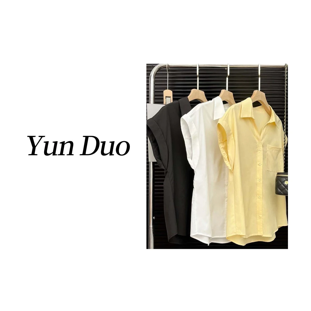 云朵定制 法式极简翻领休闲宽松显瘦V领小飞袖口袋衬衣HU17