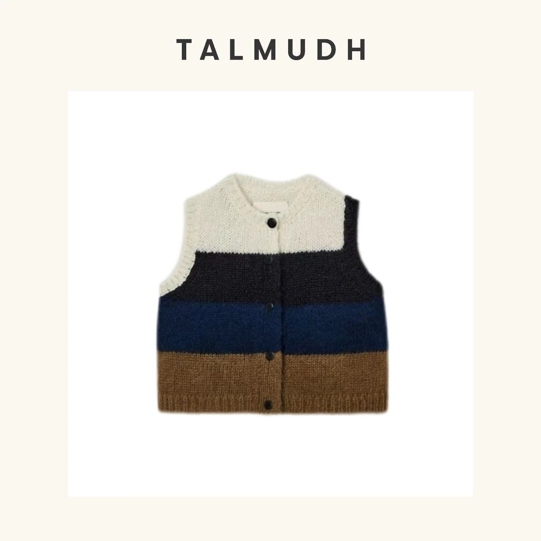 T/A 多彩针织 马海毛色彩拼接单排扣针织圆领马甲百搭休闲TA24780