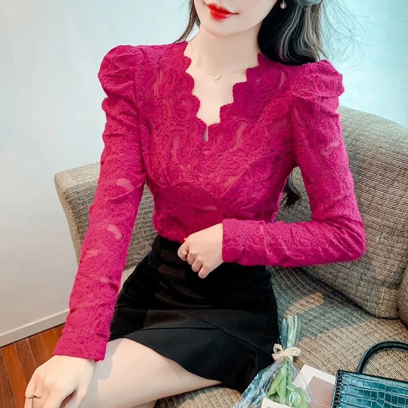 2024新款性感领磨毛蕾丝打底衫内搭秋冬小心机镂空修身泡泡袖