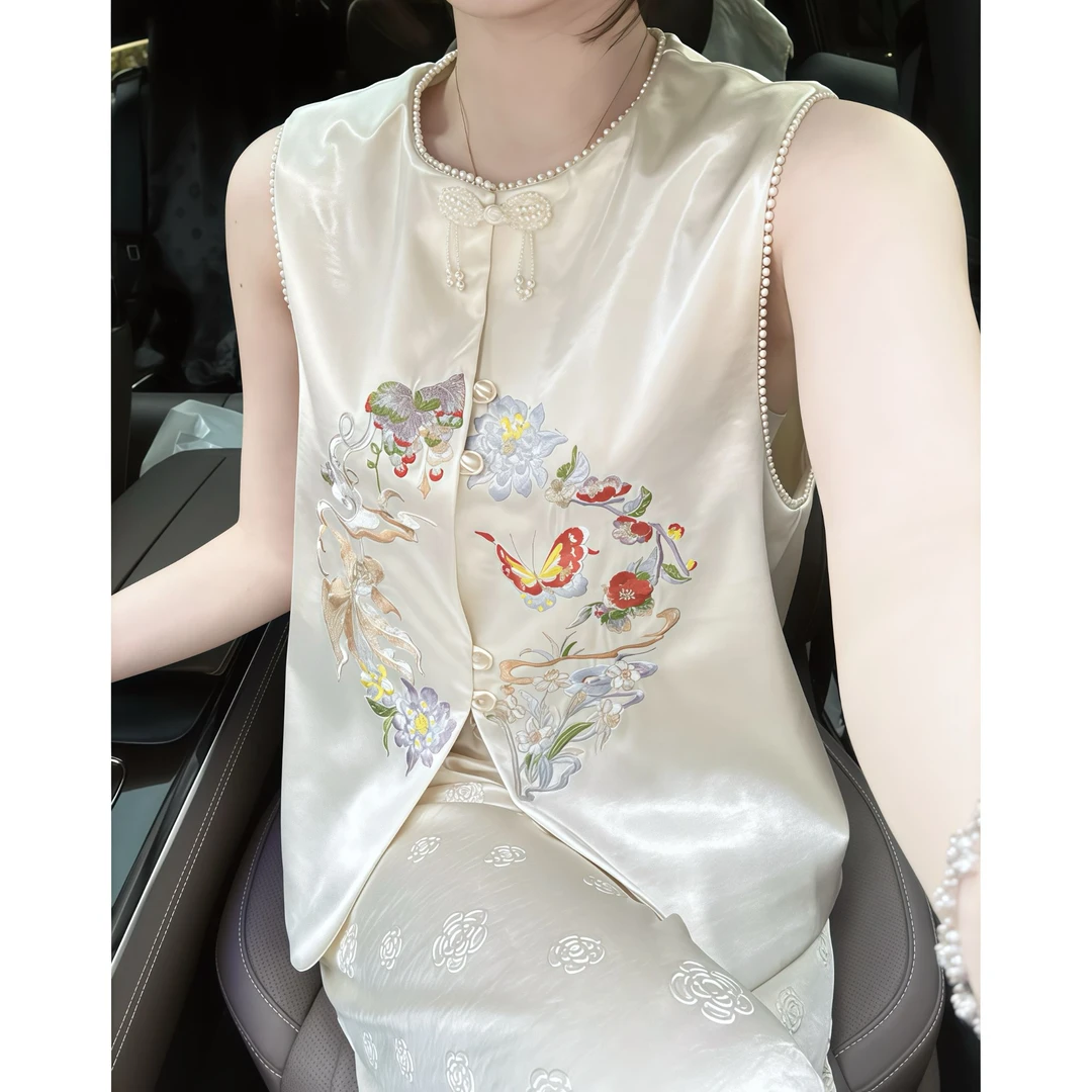 【京儿千金】春夏季重工刺绣马甲新款珠光白女装中国风无袖