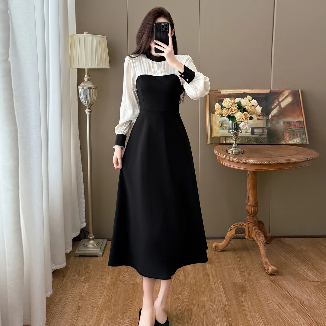 秋冬新款2025大码气质大摆系带拼接法式复古显瘦优雅高级感连衣裙