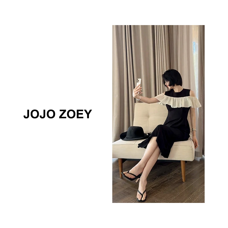JOJO ZOEY【清仓NO退换】墨羽昙光~新款黑白撞色露肩连衣裙lyq-3733