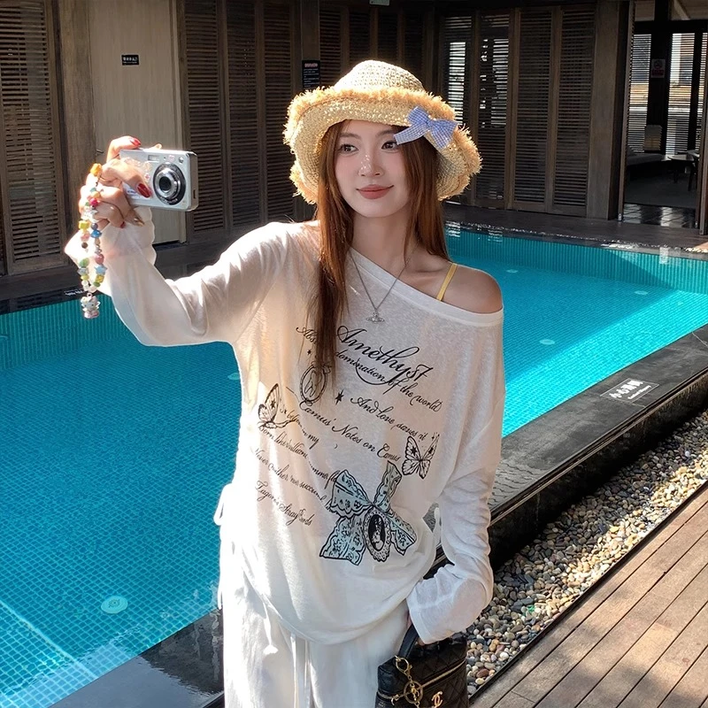 白色斜肩印花长袖T恤女2025夏季新款防晒罩衫薄款宽松上衣