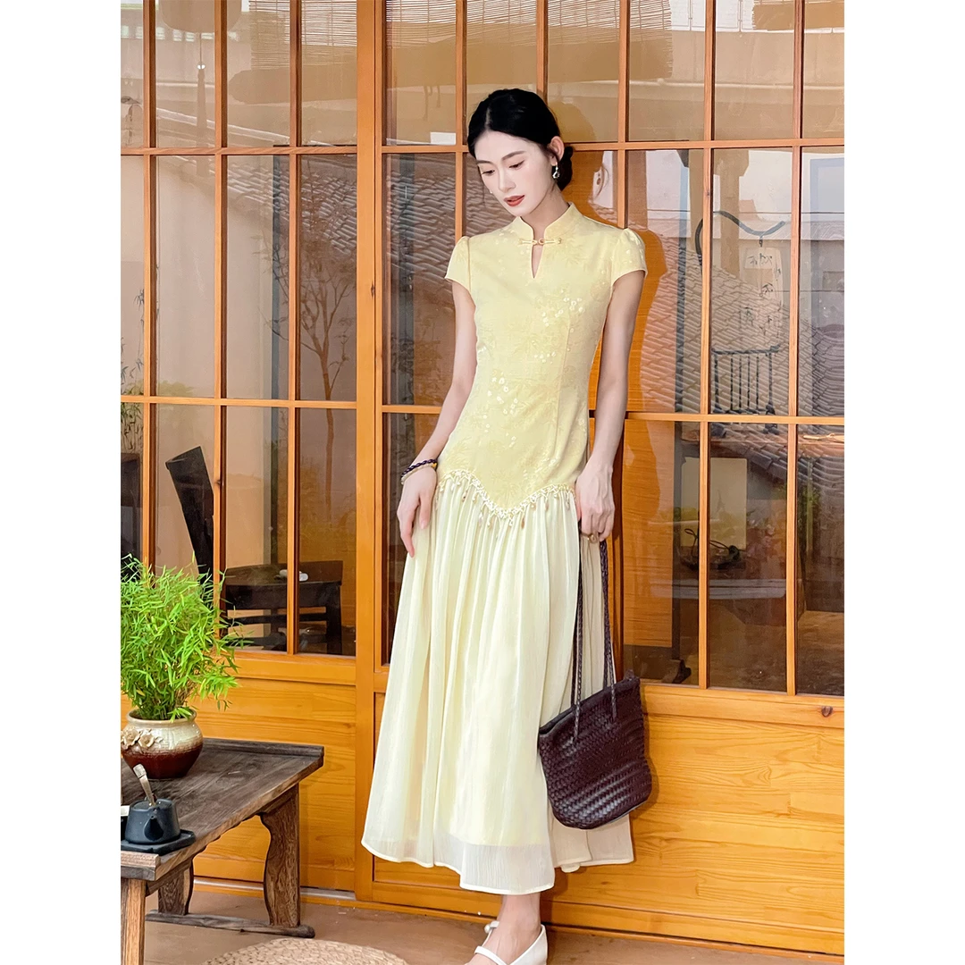 凌茜恣禾【葵霓】国风新中式黄色假两件旗袍温婉优雅气质高级感旗袍